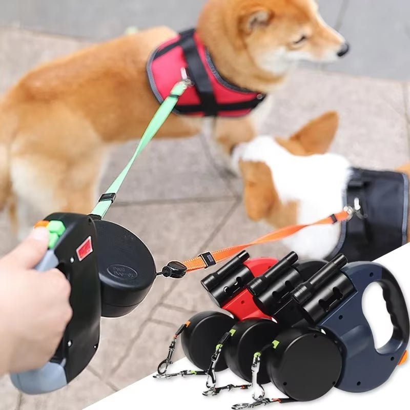 ✨3-in-1 Retractable Dual-Head Dog Leash w/ LED Flashlight & Poop Bag Dispenser – Reflective, Extendable & Perfect for Night Walks✨