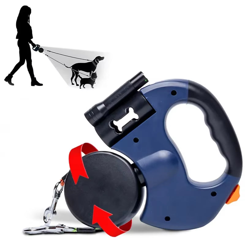 ✨3-in-1 Retractable Dual-Head Dog Leash w/ LED Flashlight & Poop Bag Dispenser – Reflective, Extendable & Perfect for Night Walks✨